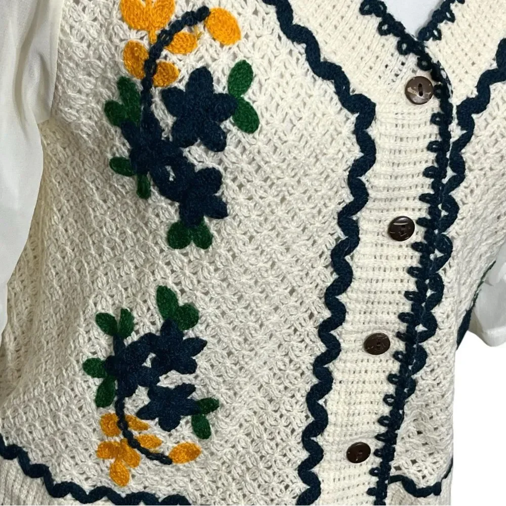 Knit Crochet Button Blouse Women’s XS White Puff Sleeve Embroidered Cottagecore - Picture 6 of 10